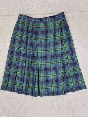 Barclay Square midi kilt women's 16 green blue tartan wool wrap skirt vintage
